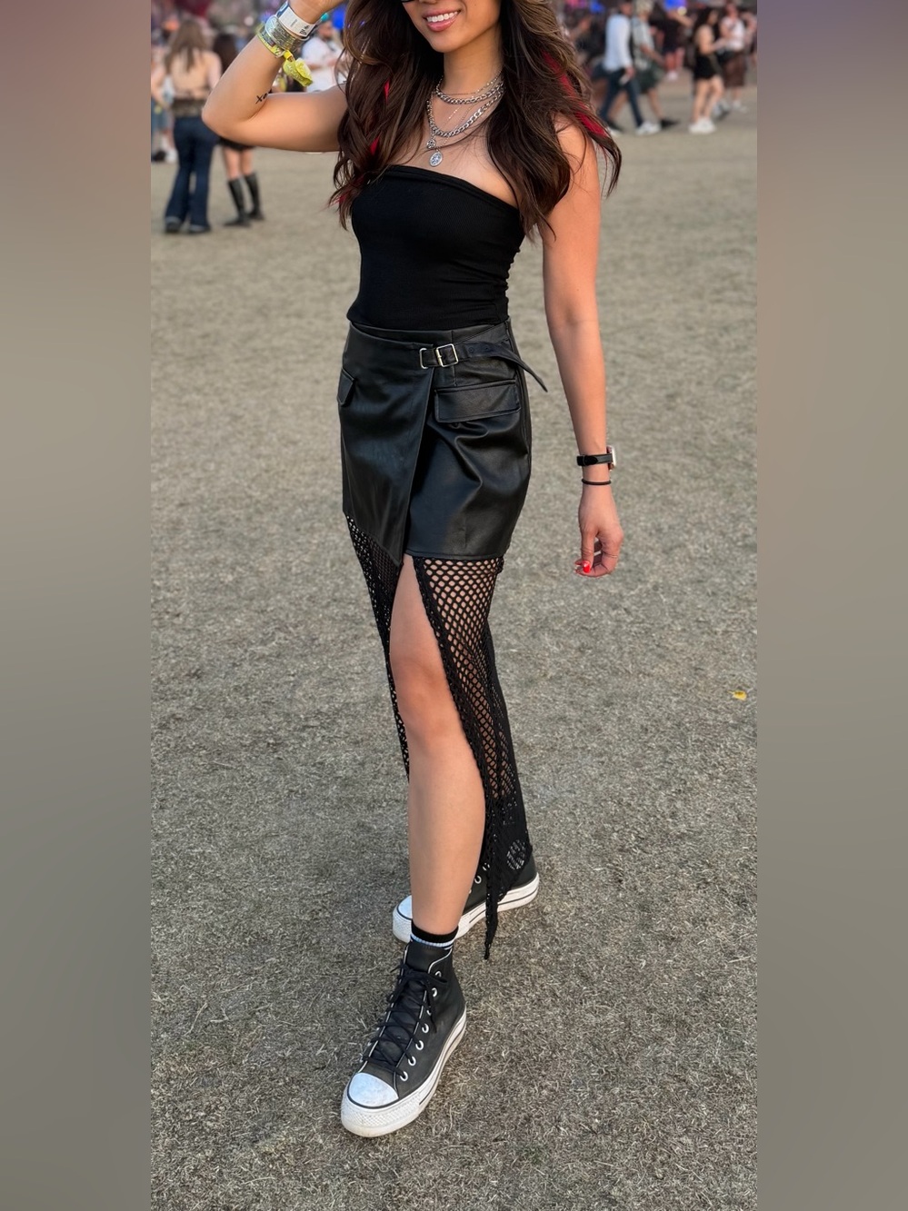 Black Asymmetrical Festival Faux Leather & Mesh Split Skirt